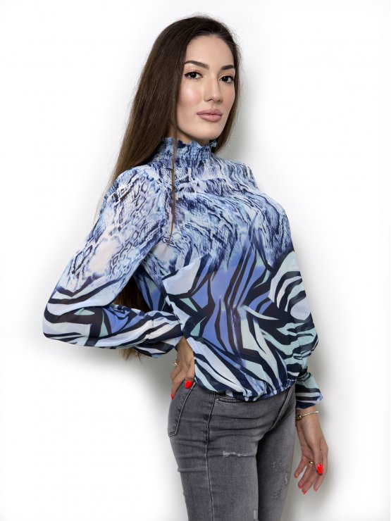 Дамска блуза с дълъг ръкав и ластик в кръста с интересен принт в синьо