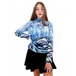 Дамска блуза с дълъг ръкав и ластик в кръста с интересен принт в синьо