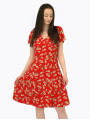 Червена дамска рокля на цветя с къс ръкав