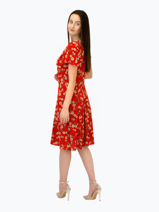 Червена дамска рокля на цветя с къс ръкав