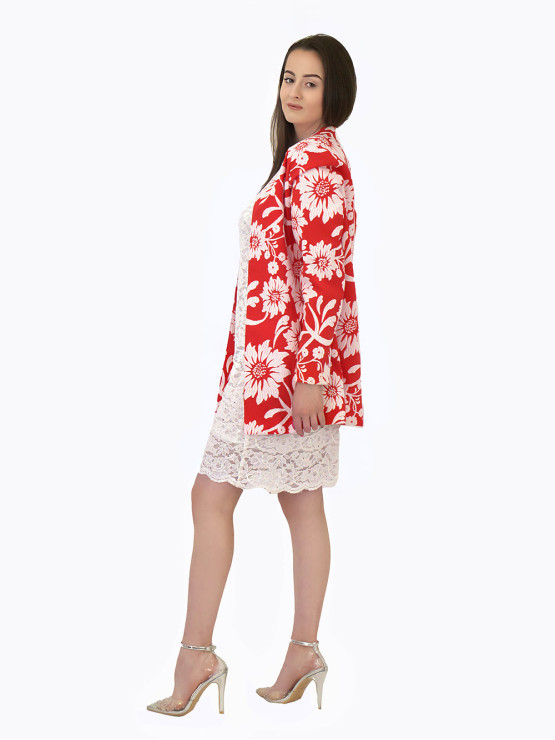 Свободно червено дамско сако с цветя без закопчаване